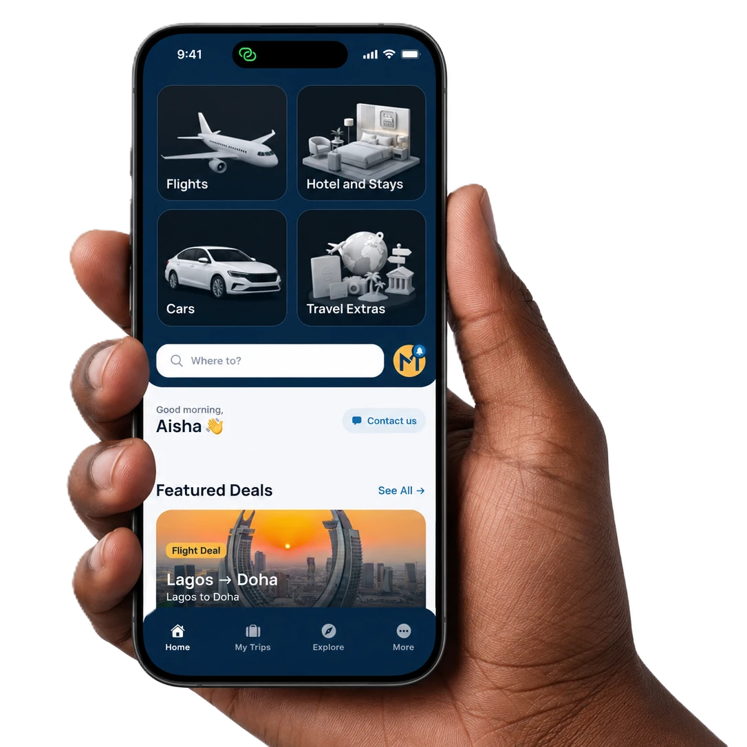 The Marilla Travels app open on a phone, showing flights, hotels, cars and travel deals